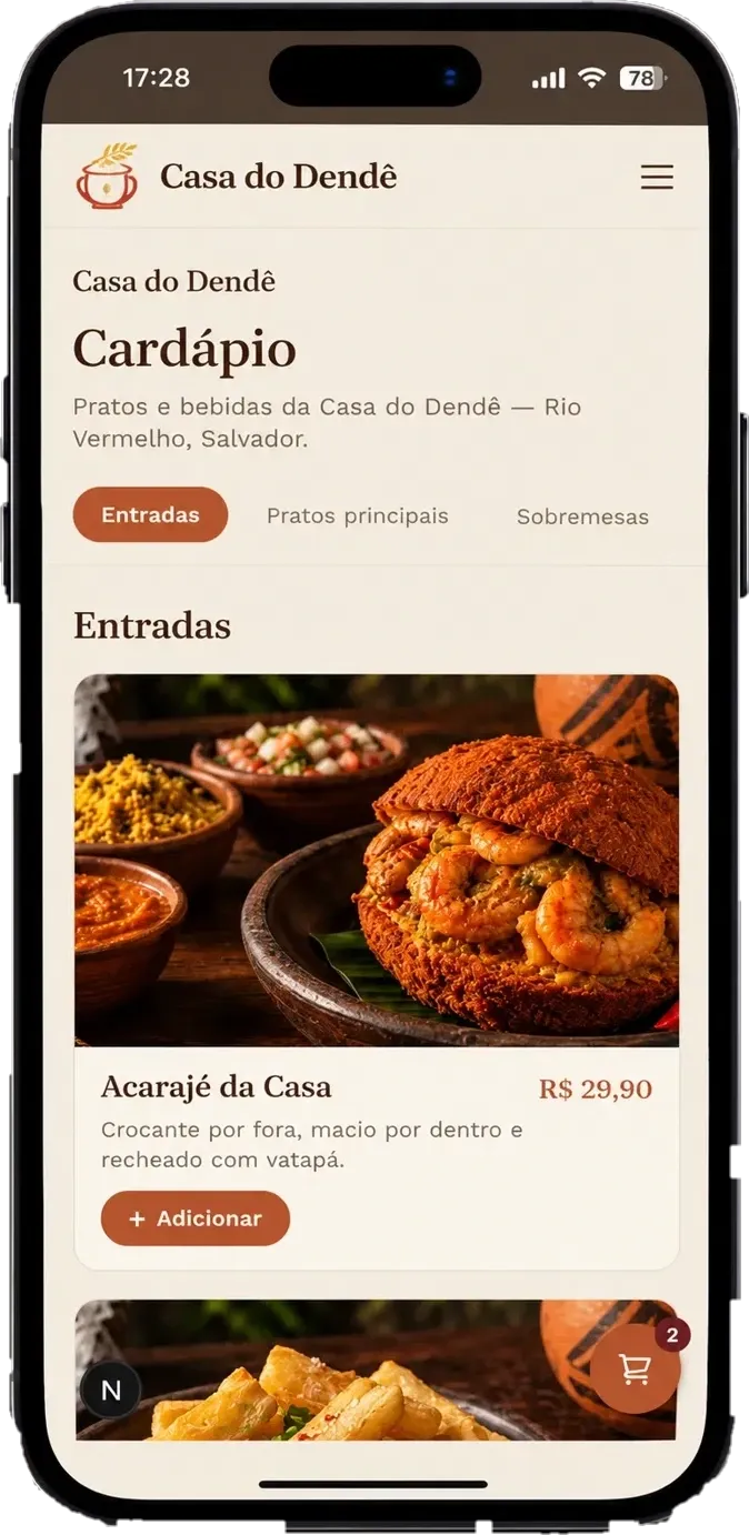 Cardápio digital do Casa do Dendê com foto, descrição e preço de cada prato, separados por categoria.