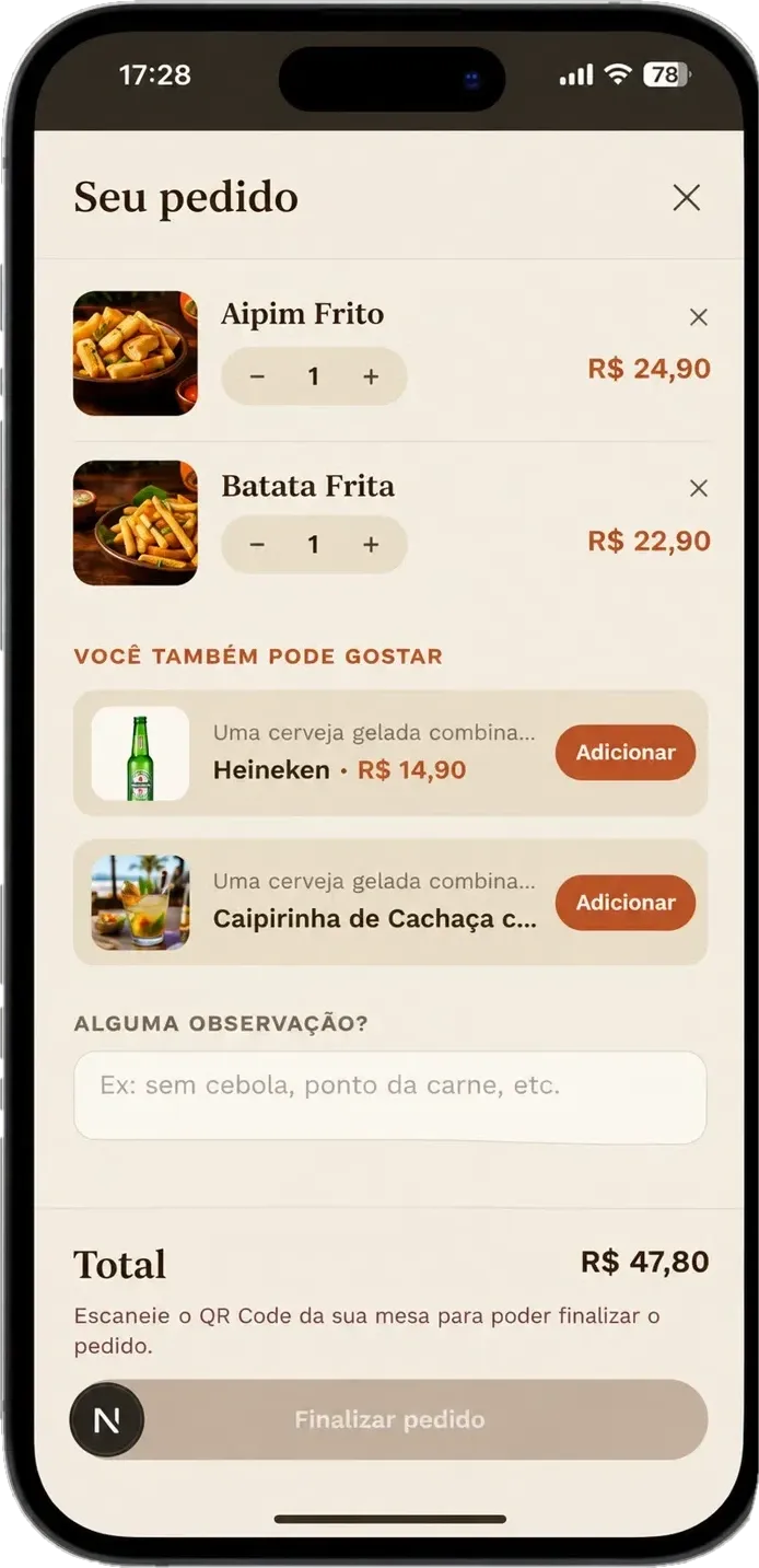 Carrinho do pedido com aipim frito e batata frita escolhidos, e sugestões de bebida para acompanhar.