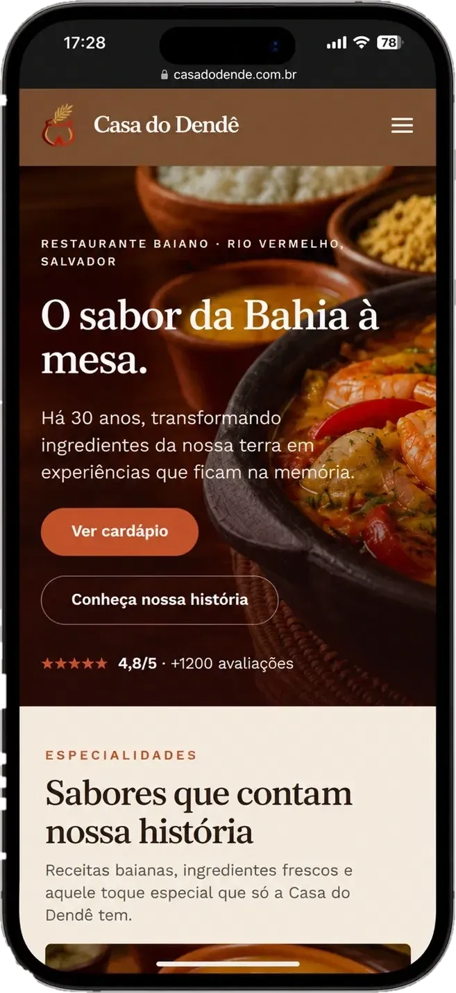 Página inicial do site do Casa do Dendê no celular, com nome do restaurante, avaliação e botão para ver o cardápio.