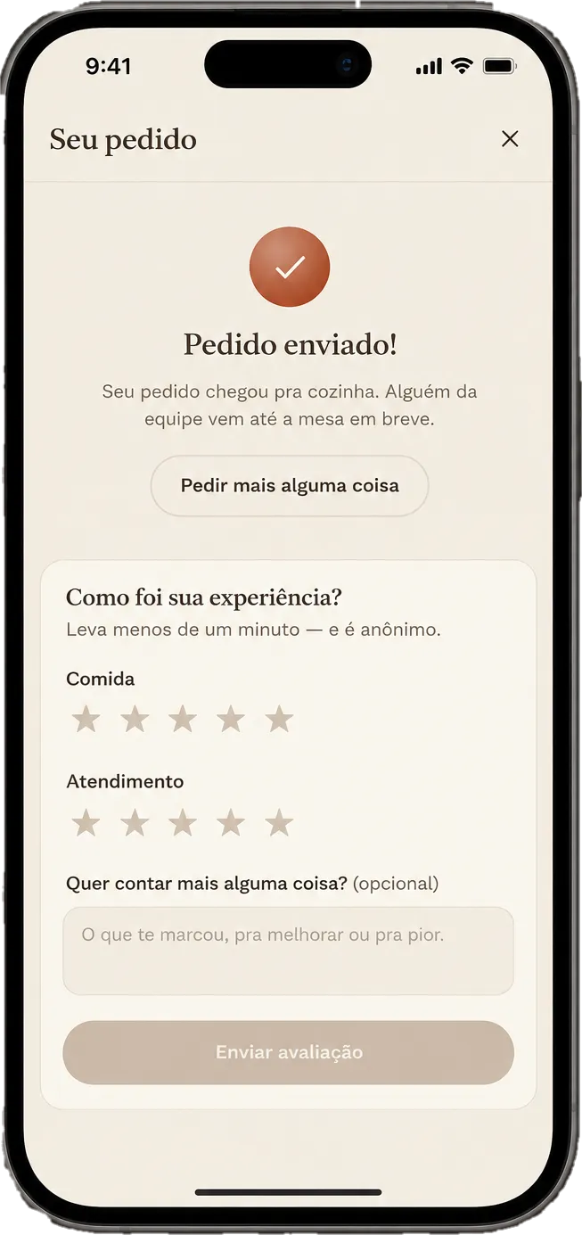 Tela de avaliação depois do pedido, com notas para comida e atendimento e um campo opcional de comentário, sem pedir identificação do cliente.